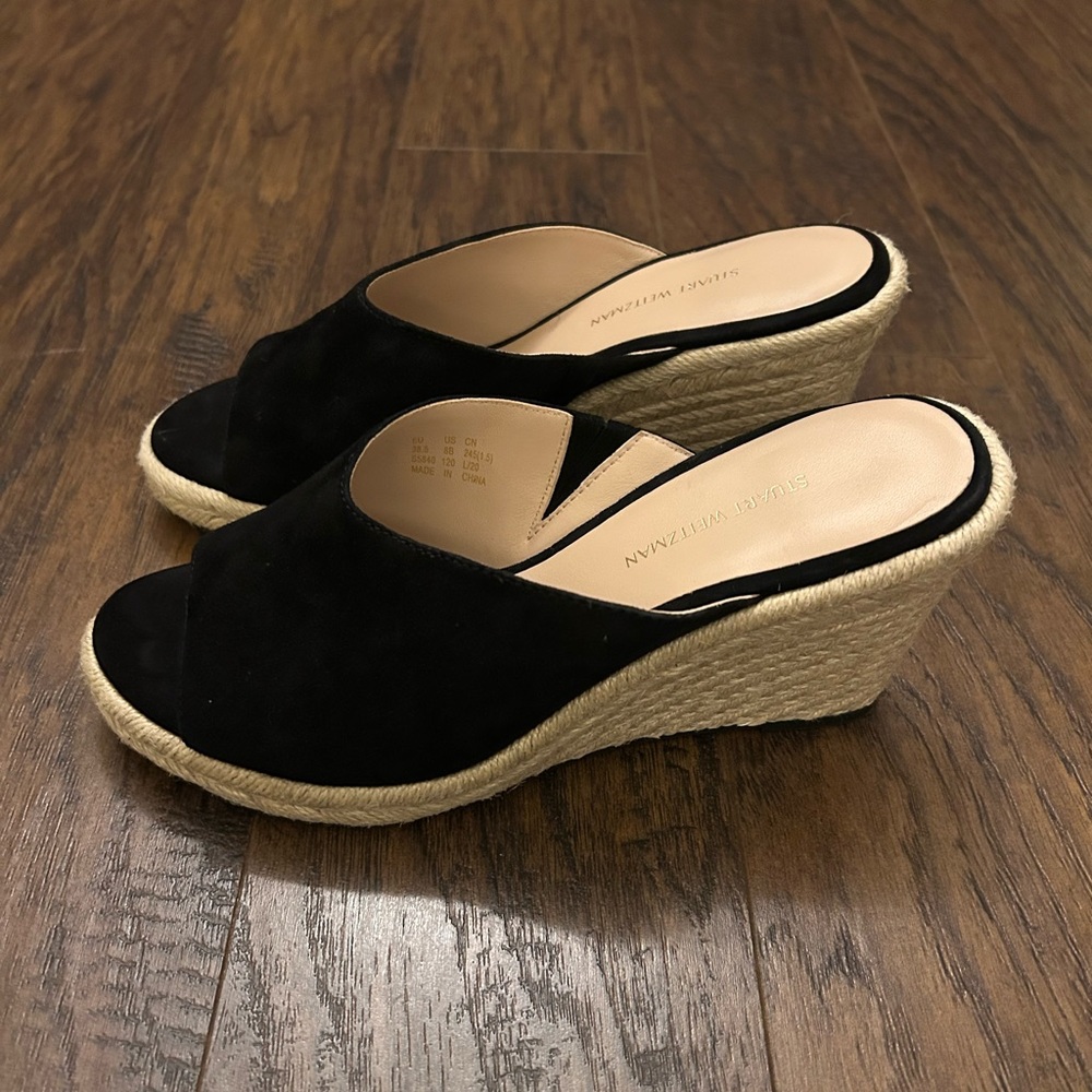 Stuart Weitzman Women’s Wonda Espadrille Wedges Sandals Shoes Black Suede Size 8